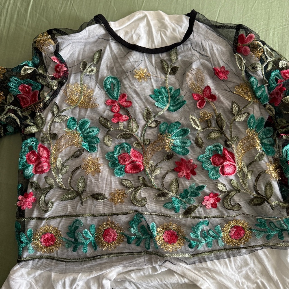 Shein Embroidered Floral Leaf Sheer Black Mesh Crop Top Boho Festival - Picture 11 of 11
